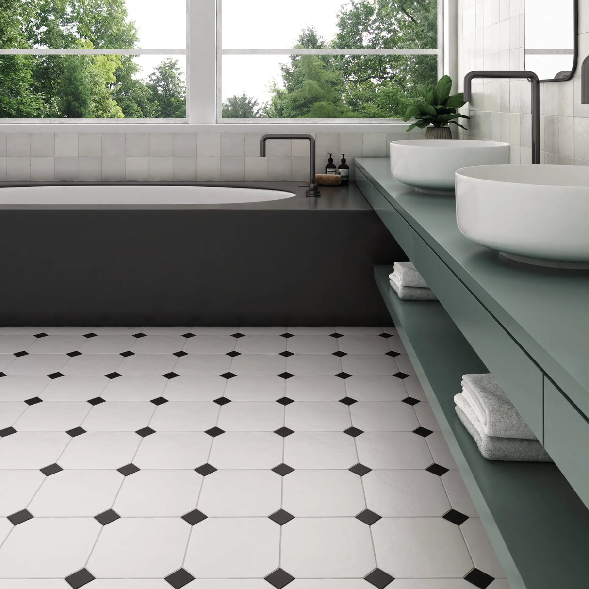 Carrelage 20x20 Octagon Blanc - Dallage à cabochons blanc et noir mat