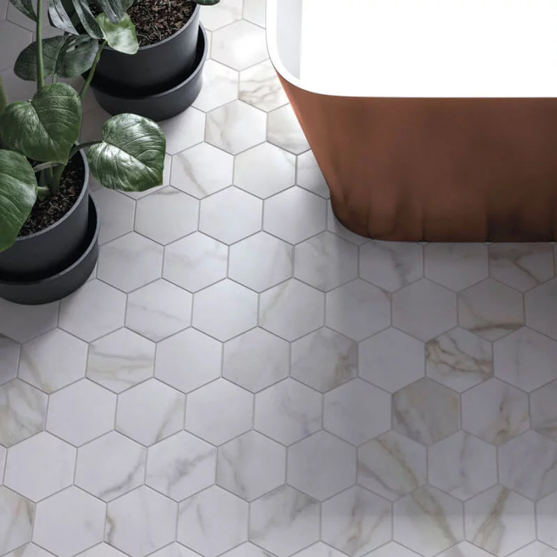 Carrelage Hexagonal Marbre 15x17 Diamond Mat Blanc Beige